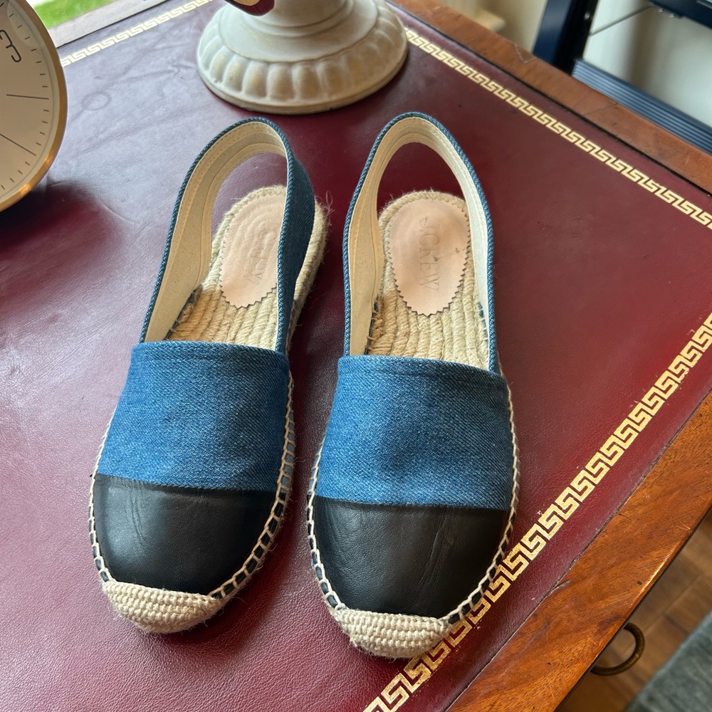 J Crew Size Seven New Made-in-Spain cap toe slingback espadrilles in denim